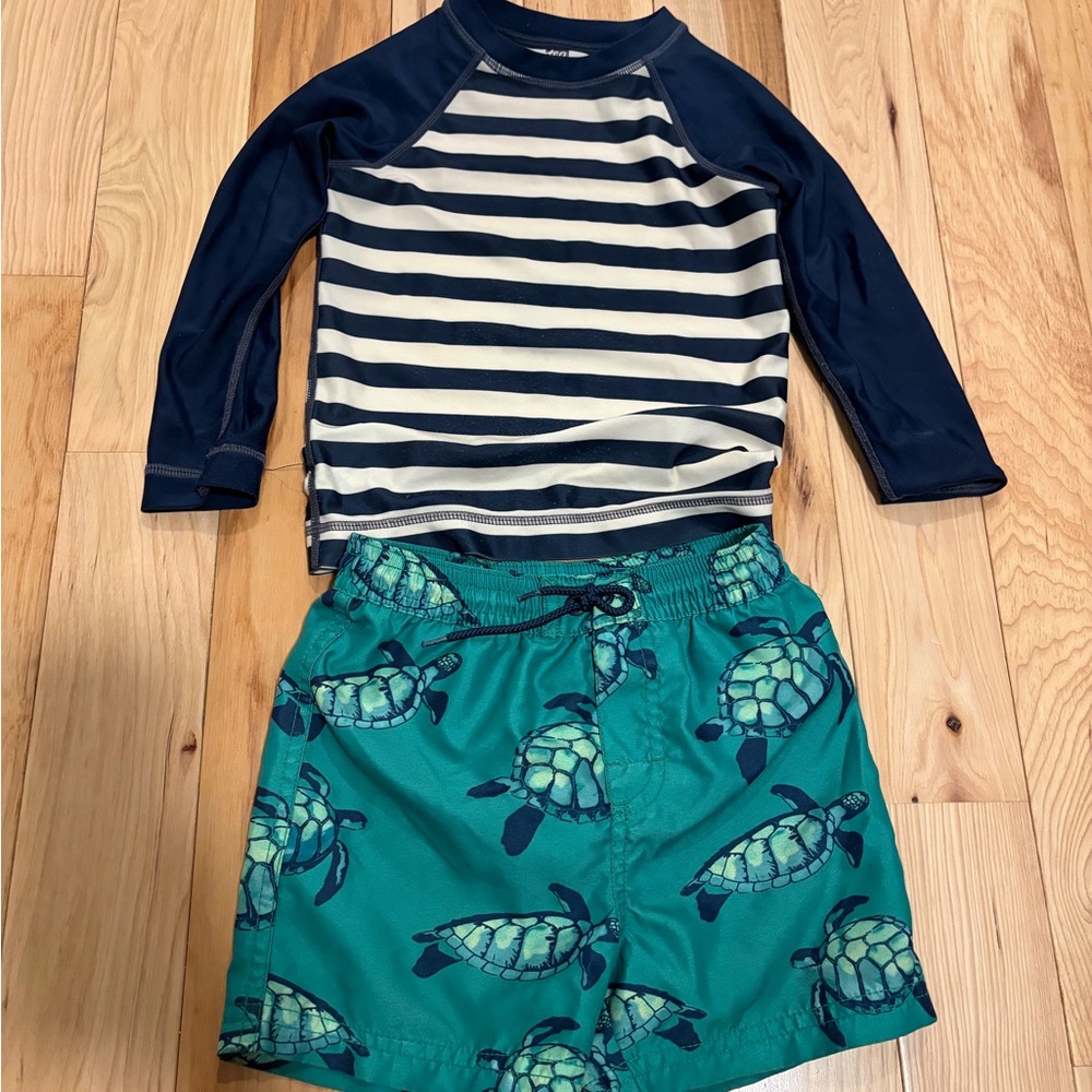 Tea Collection Navy Striped Rashguard with Teal Turtle Shorts